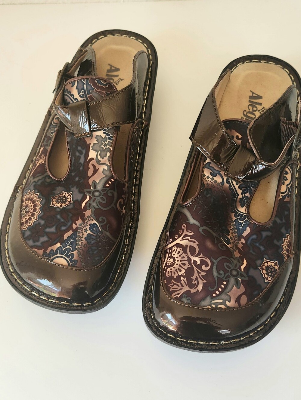 Alegria Brown Multi-Pattern Patent Mary Jane Sandals
